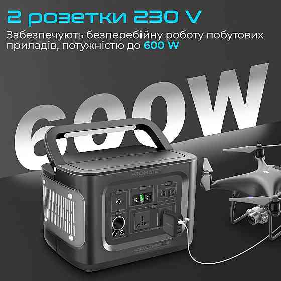 Зарядна станція Promate PowerMine-600Вт, 172800мА-г, 622Вт-г, 2 розетки 230В Kiev