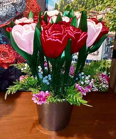 Тюльпани з атласної стрічки з гілочками в горщику Кривий Ріг