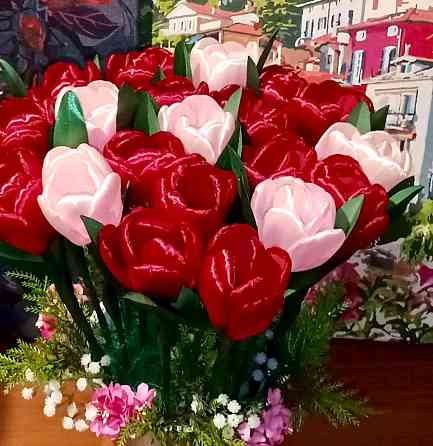 Тюльпани з атласної стрічки з гілочками в горщику Кривий Ріг