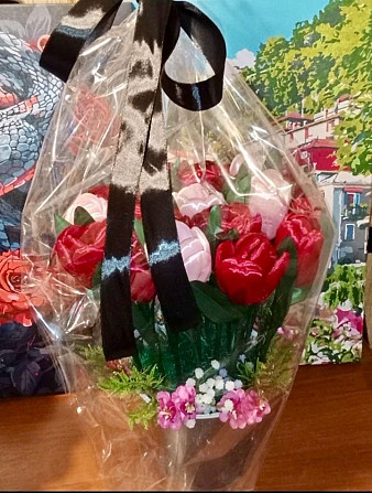 Тюльпани з атласної стрічки з гілочками в горщику Кривий Ріг - зображення 4