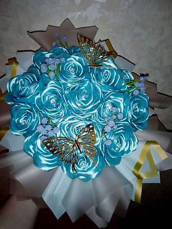 Букет блакитних троянд з атласної стрічки Кривий Ріг - зображення 2